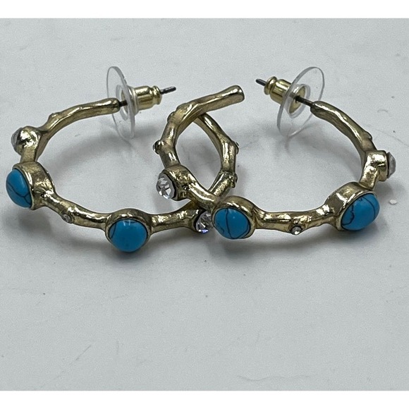 Graziano Gold Tone and Blue Cabochon Pierced Hoop Earrings - Picture 5 of 14